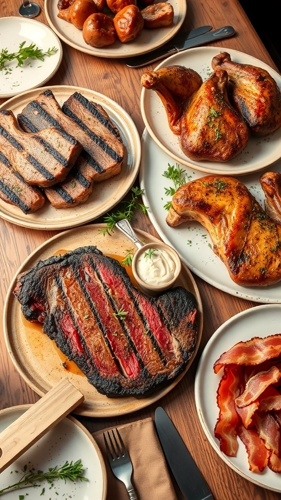 Savory Carnivore Dinner Ideas A table set with various meat dishes including steak, pork chops, and chicken, garnished with herbs.